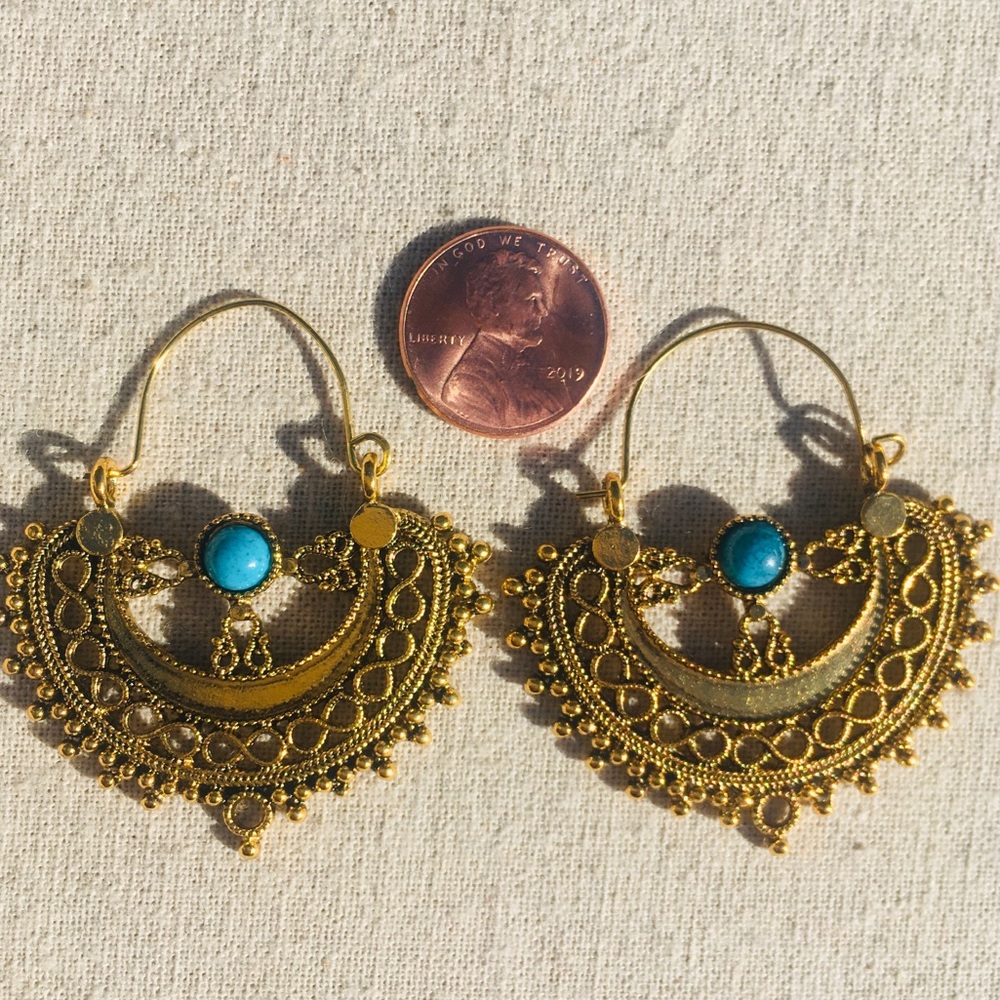 ::⚜️Exotic Bohemia Turquoise+Gold Hoop Earrings - Picture 3 of 6
